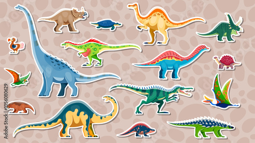 Prehistoric dinosaur stickers set. Vector adhesive patches with cartoon herbivores, carnivores and flying ancient reptile animals. Funny decorative badges for scrapbook or kids school fun activities