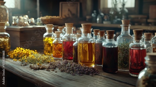 A display of colorful herbal oils and dried flowers in a rustic setting.