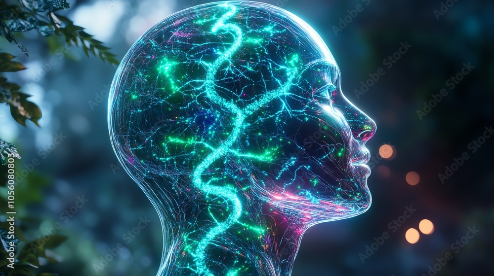 Abstract digital human head with glowing neural pathways, symbolizing artificial intelligence and futuristic technology in nature. Abstract digital human head with glowing neural pathways, symbolizing artificial intelligence and futuristic technology in nature.
