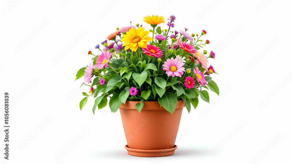 A vibrant bouquet of pink, yellow, and orange flowers with green leaves arranged in a terracotta pot with a saucer, isolated against a white background. A vibrant bouquet of pink, yellow, and orange flowers with green leaves arranged in a terracotta pot with a saucer, isolated against a white background.