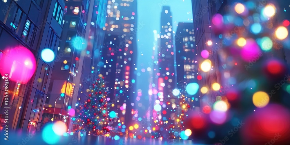 Christmas night lights creating a vibrant bokeh effect with towering skyscrapers in a cityscape, perfect for festive themed designs Christmas night lights creating a vibrant bokeh effect with towering skyscrapers in a cityscape, perfect for festive themed designs
