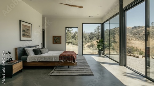 Bedroom with modern design featuring a low-profile bed  white walls  and floor-to-ceiling windows. Minimalistic decor.