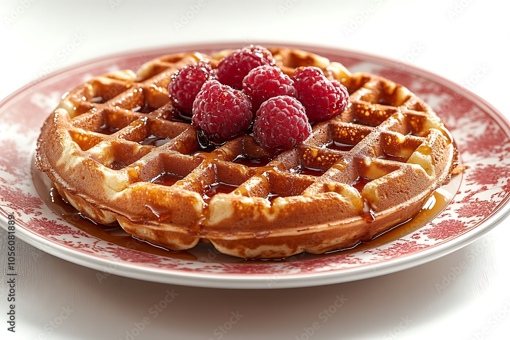 Delicious homemade waffles with raspberries and maple syrup Delicious homemade waffles with raspberries and maple syrup