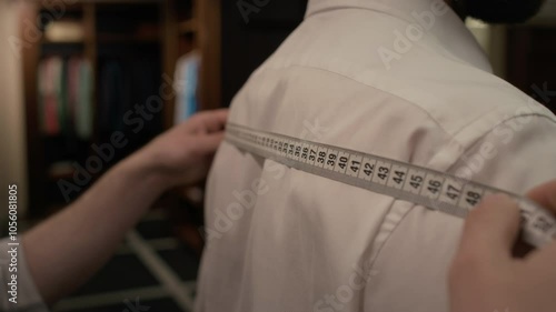 Close up view of hands of unrecognizable clothier using measuring tape to measure shoulder width of male customer in clothing store
