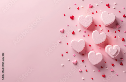  Photo of heart shaped marshmallow candles and sprinkles on pink background with copyspace. Valentine's Day concept.