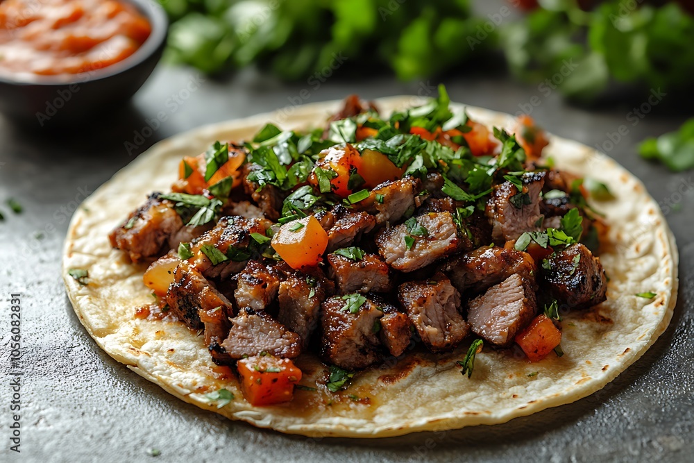 A close-up of a delicious taco with meat and vegetables A close-up of a delicious taco with meat and vegetables