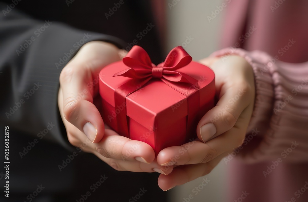 Close up hands of man giving a heart-shaped gift box to his beloved woman. Happy Valentine's Day concept. Close up hands of man giving a heart-shaped gift box to his beloved woman. Happy Valentine's Day concept.