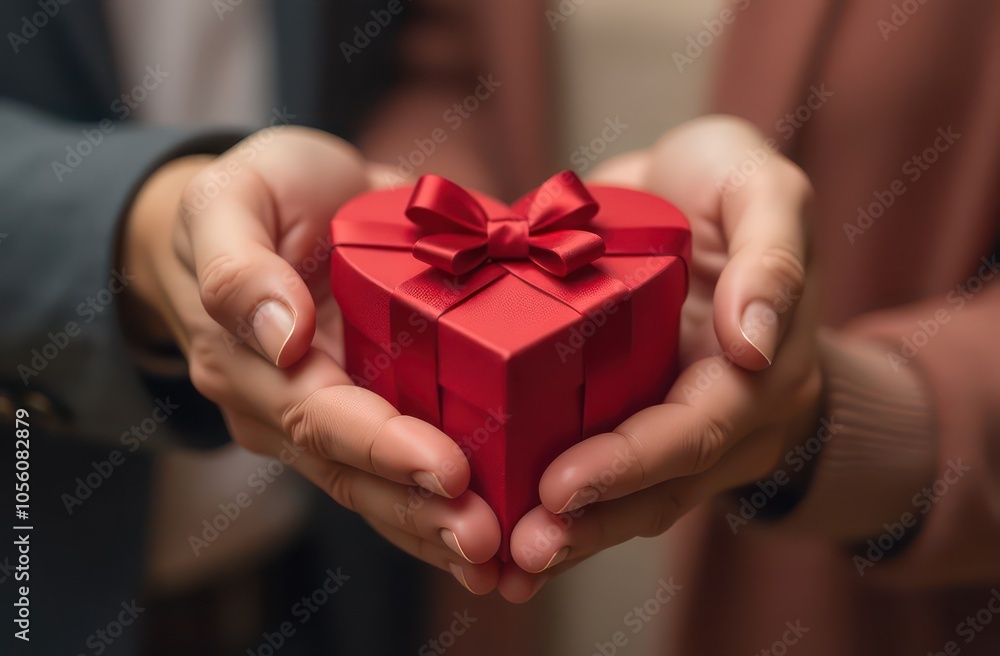 Close up hands of man giving a heart-shaped gift box to his beloved woman. Happy Valentine's Day concept. Close up hands of man giving a heart-shaped gift box to his beloved woman. Happy Valentine's Day concept.