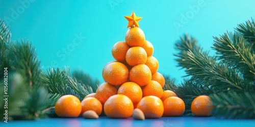 Wallpaper Mural Colorful arrangement of juicy tangerines and nuts shaped like a Christmas tree, resting on spruce branches against a blue background Torontodigital.ca