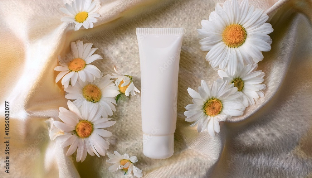 White tube on silky fabric with daisies White tube on silky fabric with daisies