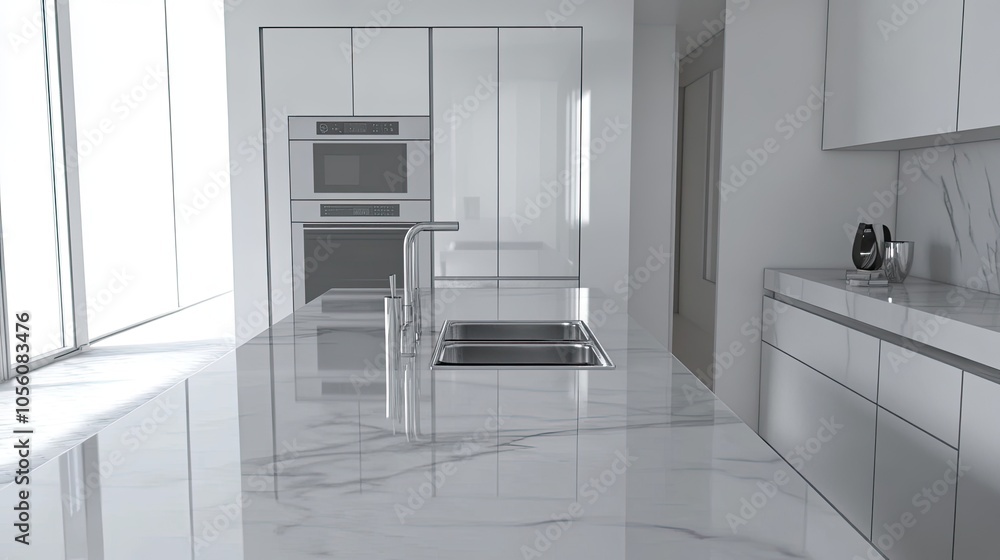 Minimalist kitchen with white cabinetry, marble countertop, and minimal decor. Sleek appliances and clean design. Minimalist kitchen with white cabinetry, marble countertop, and minimal decor. Sleek appliances and clean design.