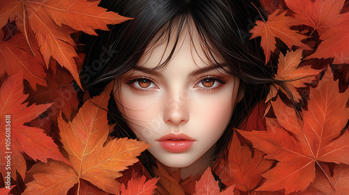 beautiful, elegant woman poses surrounded by vibrant autumn leaves, embodying the spirit of fall. Her graceful expression and flowing hair reflect the season’s warmth, beauty, and transformation