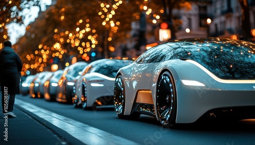 Futuristic cars lined on a vibrant street illuminated by decorative lights.