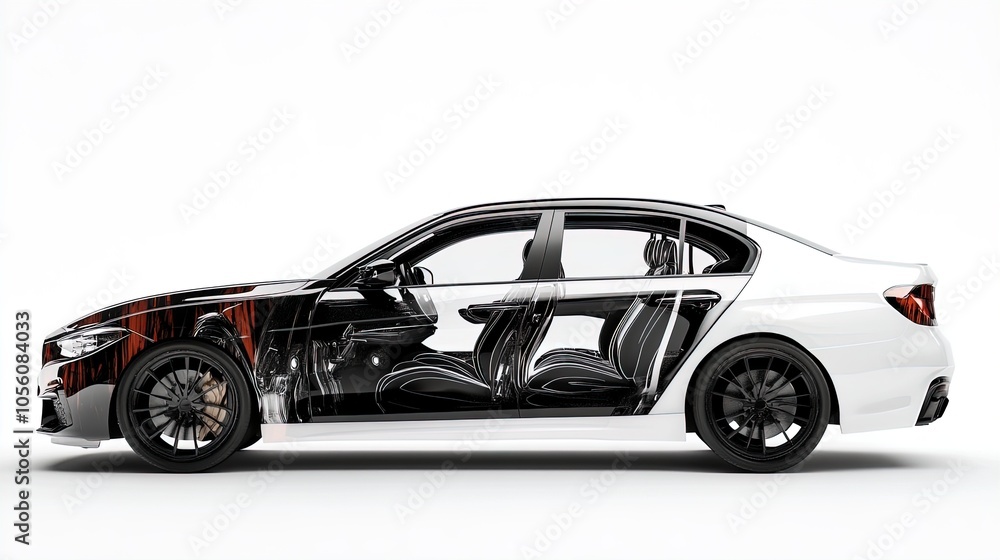 Fototapeta premium Stunning Modern Sedan with Transparent Design Showcasing Intricate Interiors and Stylish Seating - Perfect Poster for Sports Interiors or Contemporary Spaces