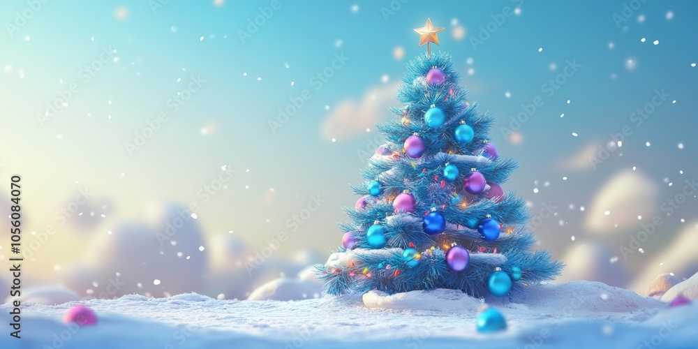 Christmas and New Year fir tree adorned with blue decorations and colorful toy balls, festive holiday background card Christmas and New Year fir tree adorned with blue decorations and colorful toy balls, festive holiday background card