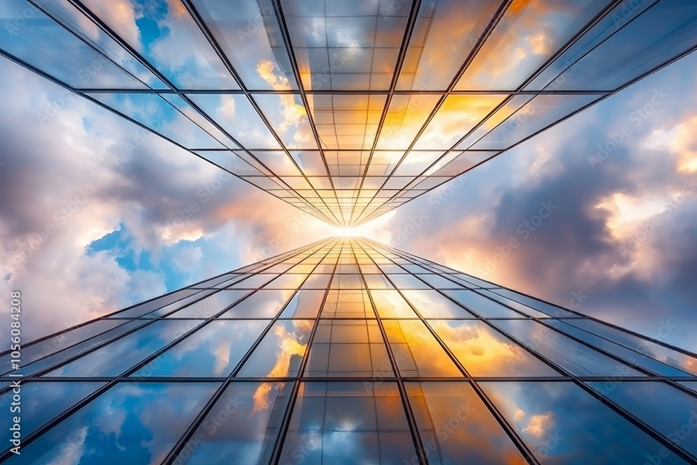 Modern Architecture Symmetrical Glass Facade Reflecting Vibrant Cloudy Sky at Sunset Modern Architecture Symmetrical Glass Facade Reflecting Vibrant Cloudy Sky at Sunset