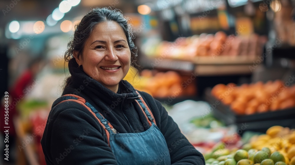 A smiling woman stands in a market, surrounded by fresh fruits and vegetables. A smiling woman stands in a market, surrounded by fresh fruits and vegetables.
