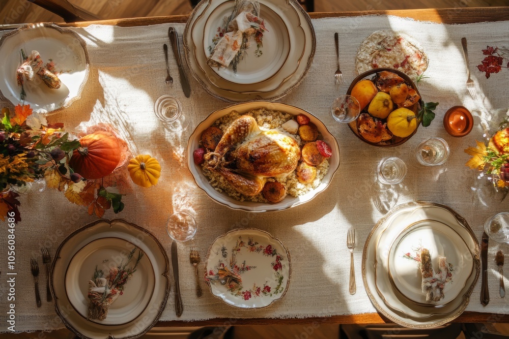 Aerial view of a thanksgiving table set for a delectable autumn feast with seasonal delights Aerial view of a thanksgiving table set for a delectable autumn feast with seasonal delights