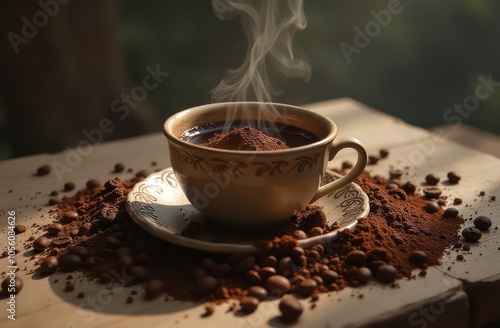 a cup of coffee on the table. fortune telling on coffee grounds photo