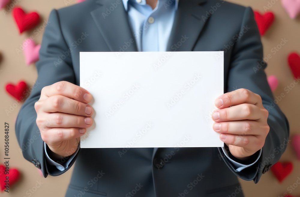 close up of male hands holding white blank sign, hearts and flowers in background close up of male hands holding white blank sign, hearts and flowers in background