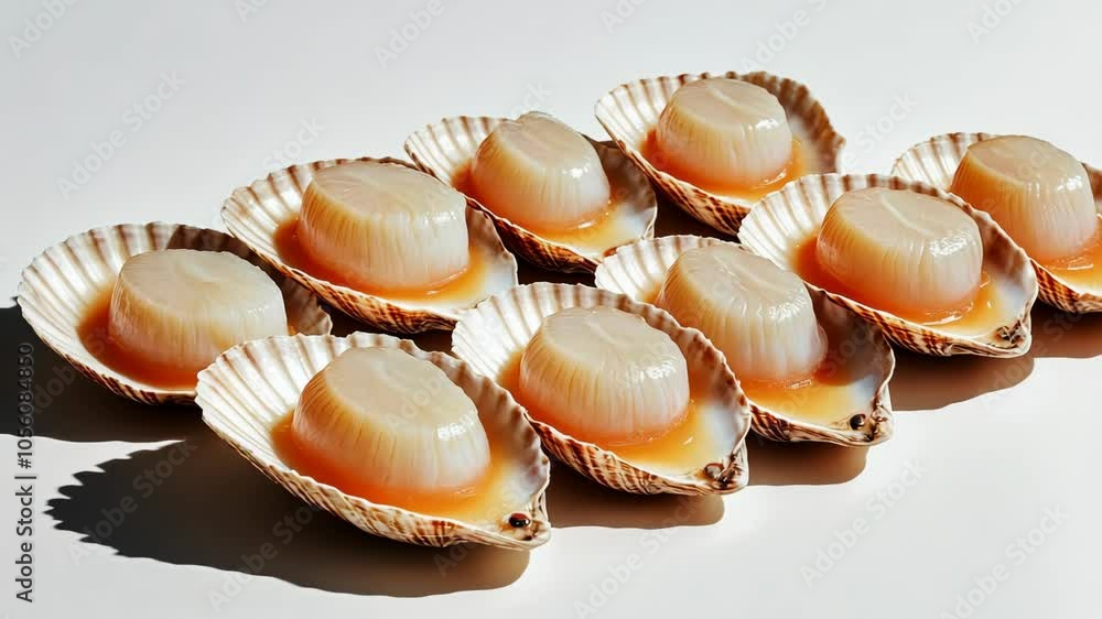 Cooked scallops in their shells arranged on a white background Cooked scallops in their shells arranged on a white background