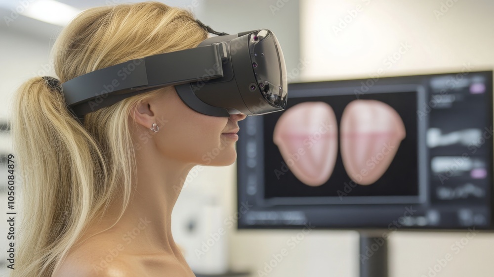 In a contemporary laboratory, a woman wearing a virtual reality headset interacts with advanced anatomical software, exploring detailed models displayed on a monitor. In a contemporary laboratory, a woman wearing a virtual reality headset interacts with advanced anatomical software, exploring detailed models displayed on a monitor.