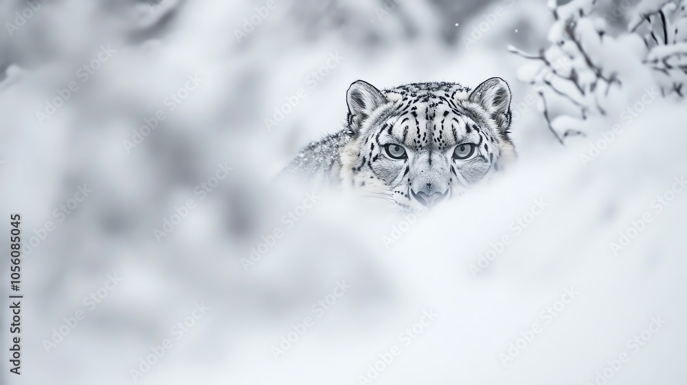 Snow leopard hidden in white snowy landscape Snow leopard hidden in white snowy landscape
