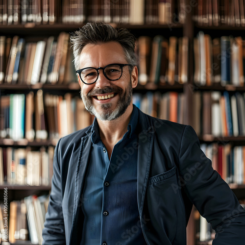 smiling university professor in library highlighted by white, png