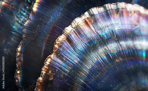 Black Shell Background: Elegant Iridescent Shell Textures with Wavy Lines and Shimmering Pearlescent Patterns - Abstract Iridescent Shell-like Layers with Rainbow Colors - Close-Up Macro Photograph
