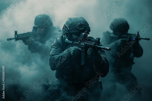 Dynamic image of soldiers engaged in combat, defending their homeland with firearms