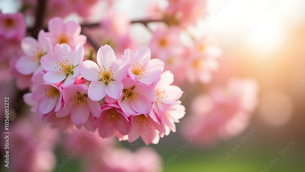 Pink cherry blossoms bloom in springtime with blue, yellow, and white petals against a blurred sunny garden backdrop. Pink cherry blossoms bloom in springtime with blue, yellow, and white petals against a blurred sunny garden backdrop.