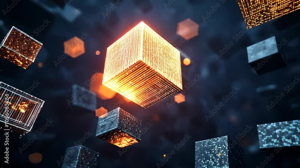 A glowing orange cube floats in the center of the image, surrounded by several other smaller cubes