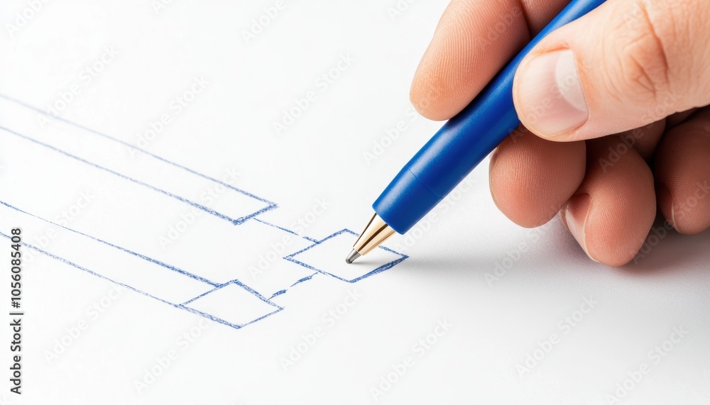 Flowchart sketch in progress, hand with blue pen, organizational planning and business concept, close-up detail Flowchart sketch in progress, hand with blue pen, organizational planning and business concept, close-up detail