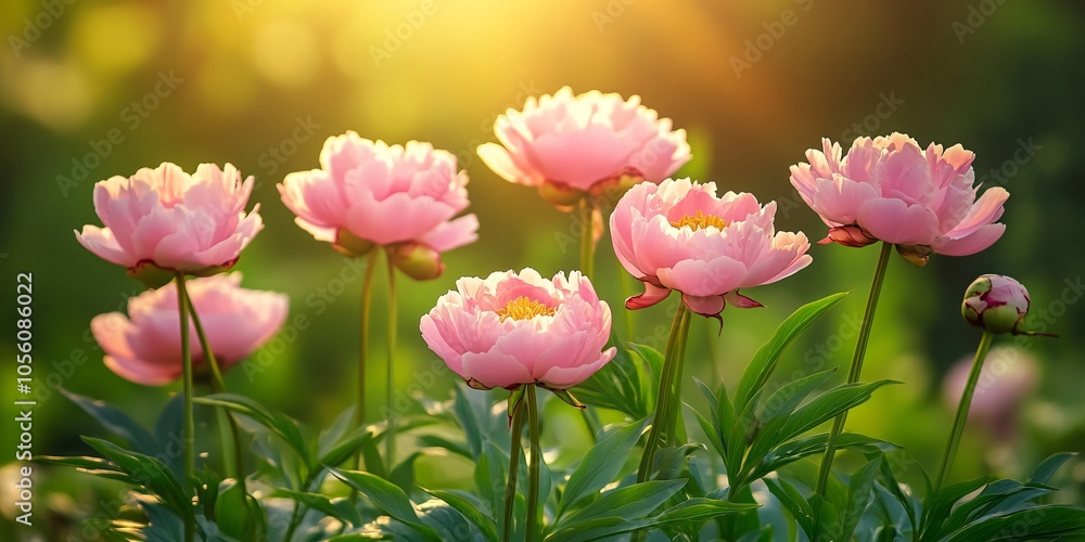 Blooming Pink Peonies in a Sunlit Garden Blooming Pink Peonies in a Sunlit Garden