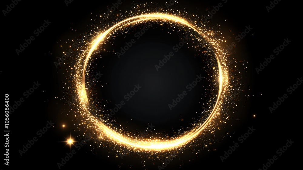 Glowing circular ring of golden sparkles on dark background. Abstract magical and festive light effect concept. Glowing circular ring of golden sparkles on dark background. Abstract magical and festive light effect concept.