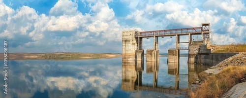 Scenic view of a dam with reflections of clouds on the water, watercolor style photo