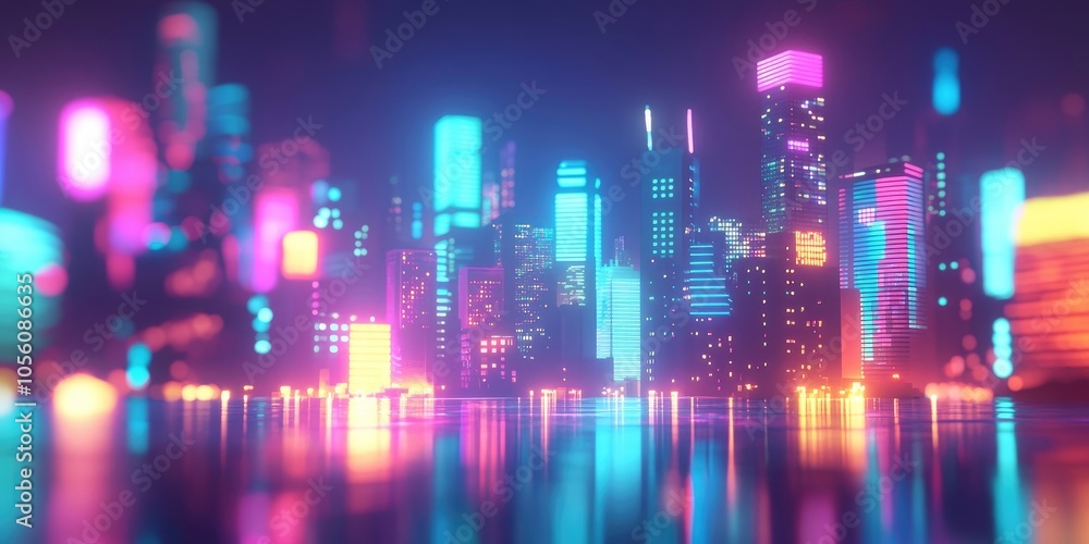 Blurred city skyline illuminated at night, abstract urban background with vibrant bokeh lights Blurred city skyline illuminated at night, abstract urban background with vibrant bokeh lights