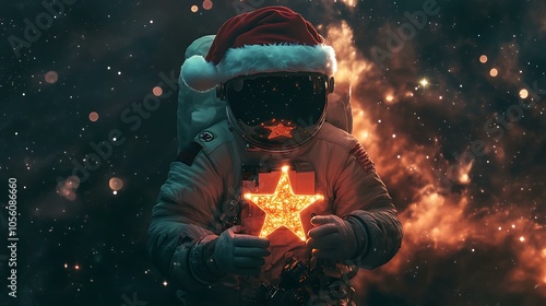 Astronaut wearing a Santa hat holding a glowing Christmas star in the middle of a nebula