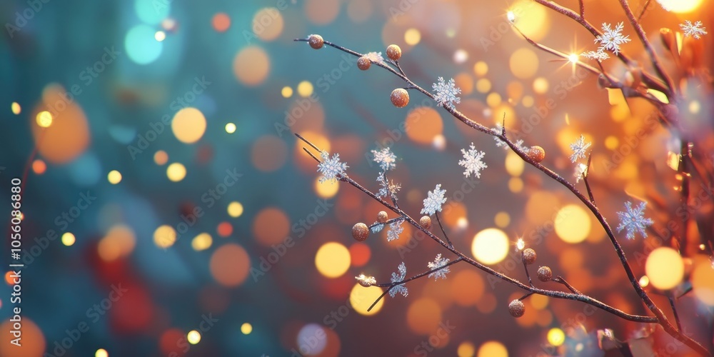 Festive Christmas and New Year background featuring bokeh lights and snowflake decorations on branches, perfect for greeting cards and banners Festive Christmas and New Year background featuring bokeh lights and snowflake decorations on branches, perfect for greeting cards and banners