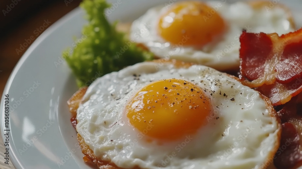 Breakfast with fried eggs and bacon close up. Fried sunny side eggs with bacon on plate, healthy keto meal. Breakfast with fried eggs and bacon close up. Fried sunny side eggs with bacon on plate, healthy keto meal.
