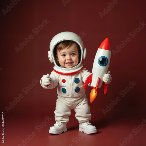a baby in a white space suit, holding a red and white rocket, against a deep red background.