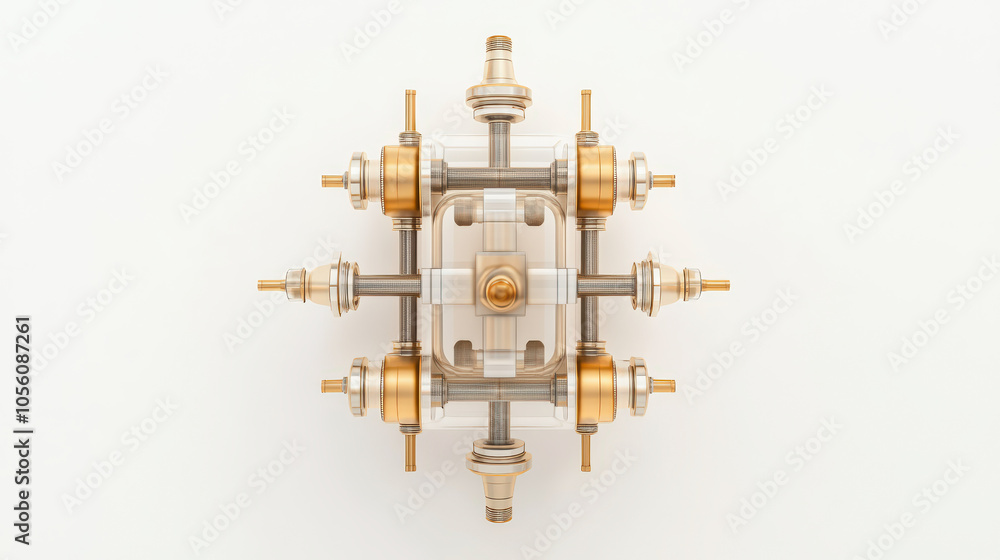 A futuristic, symmetrical mechanical structure with metallic and gold components, featuring intricate gears and rods, resembling a complex piece of engineering or machinery. A futuristic, symmetrical mechanical structure with metallic and gold components, featuring intricate gears and rods, resembling a complex piece of engineering or machinery.