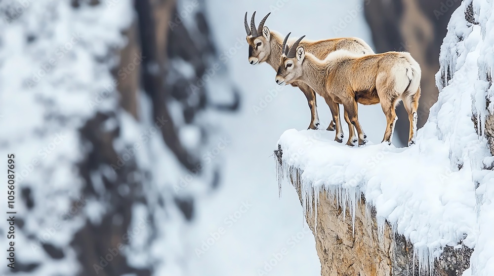 Mountain goats standing on snowy cliff edge Mountain goats standing on snowy cliff edge