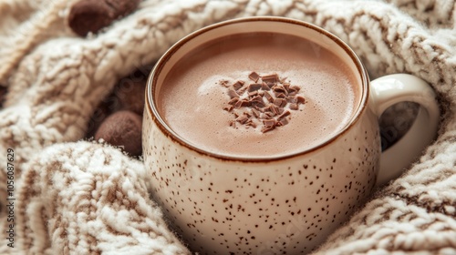 close-up of a steaming cup of hot chocolate , cozy blanket in the background,  photo