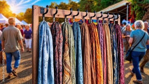 Colorful Scarves Hanging on Display Rack at Outdoor Craft Fair