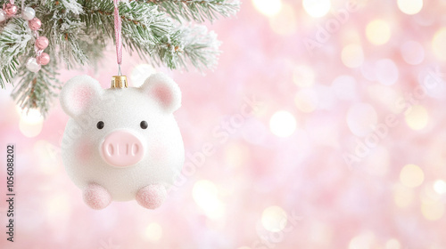 festive holiday image featuring a small piggy bank adorned with Christmas decorations, hanging on a Christmas tree branch, symbolizing financial goals, holiday savings, and prosperity