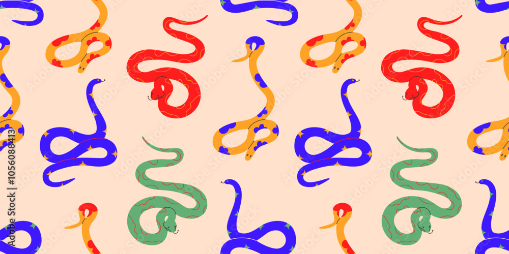 Snake seamless pattern.Hand drawn colored snakes collection.Chinese new year symbol.Year of the snake background for design fabric, packaging,print. Hand drawn trendy Vector illustration EPS10 Snake seamless pattern.Hand drawn colored snakes collection.Chinese new year symbol.Year of the snake background for design fabric, packaging,print. Hand drawn trendy Vector illustration EPS10