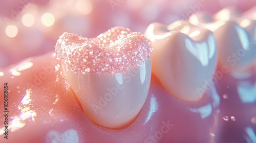 Illustration showcasing the placement of a dental crown over a tooth in 3D format