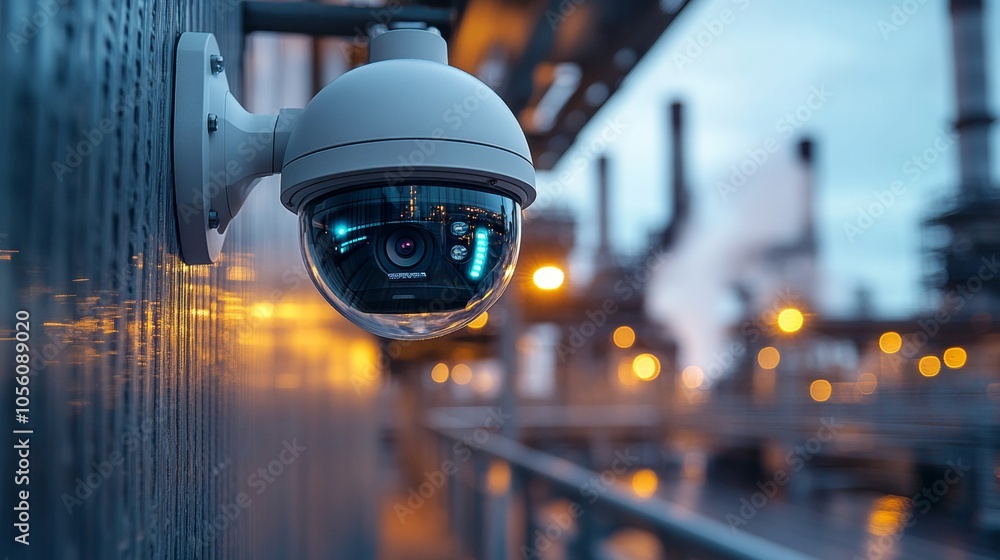 Urban Surveillance Camera with LED Lights Capturing Cityscape in Evening Atmosphere Urban Surveillance Camera with LED Lights Capturing Cityscape in Evening Atmosphere