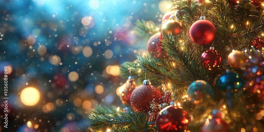 Close-up of a beautifully decorated Christmas tree with sparkling ornaments and twinkling lights, perfect for holiday celebrations Close-up of a beautifully decorated Christmas tree with sparkling ornaments and twinkling lights, perfect for holiday celebrations